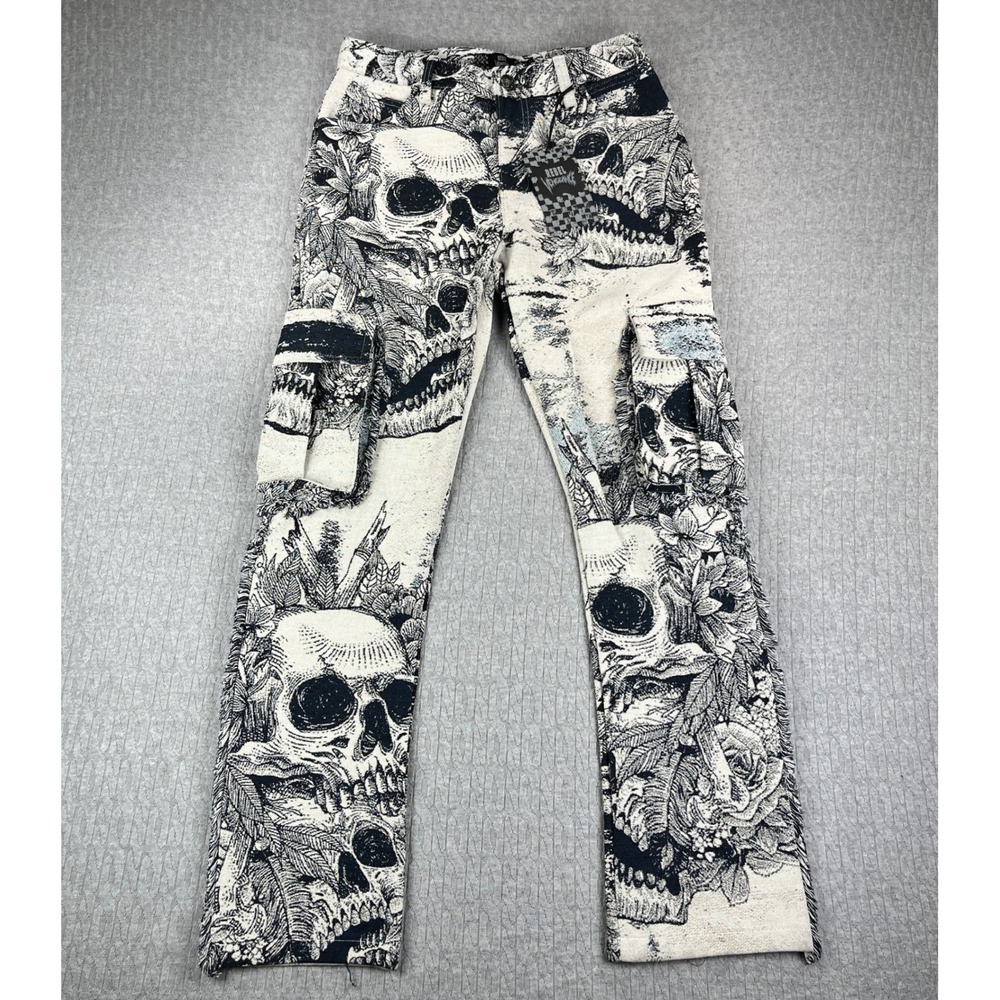 New Rebel Vengeance Cargo Pants Mens 28 White Skull Tapestry Graphic Edgy Goth